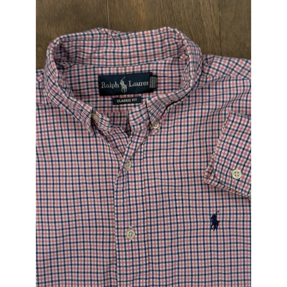 Ralph Lauren Shirt Mens Size M Pink Check Button Up Pony Navy Pony Classic‎ Fit
